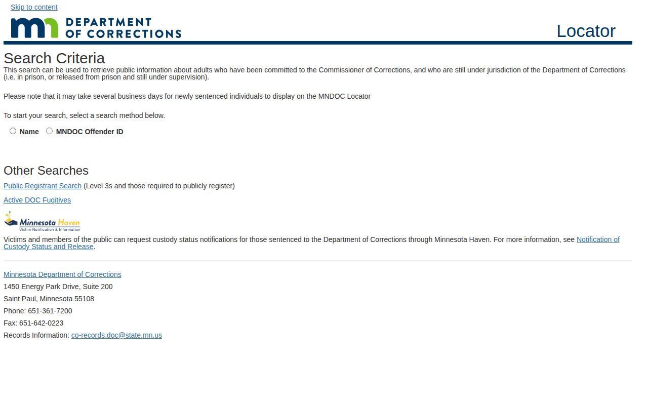 Minnesota DOC search for Stevens County released inmates by name or MNDOC ID
