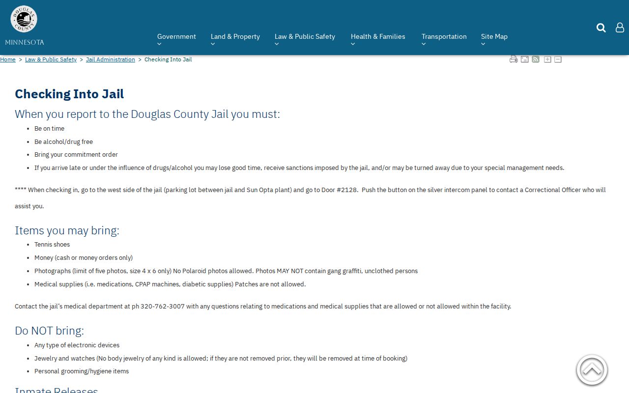 Douglas County Jail release times and exit for Stevens County released inmates